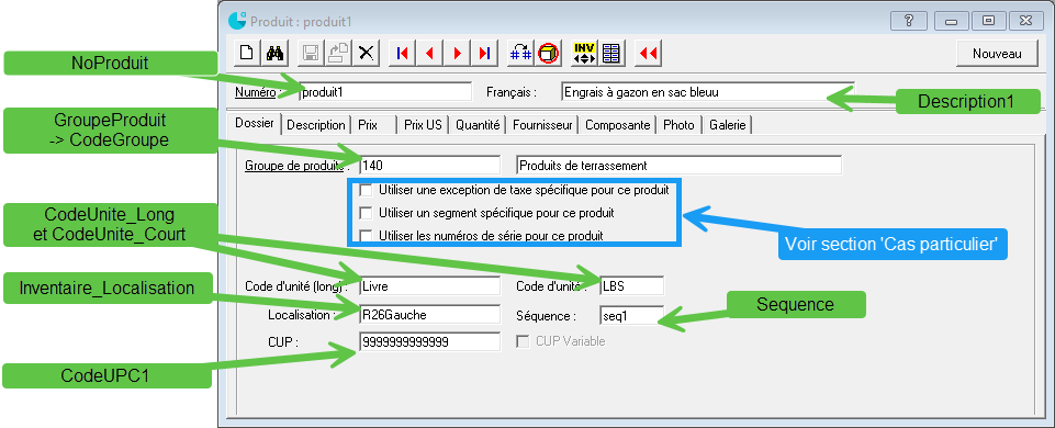 Écran Fiche produit Acomba annoté — mapping des champs (2/5)