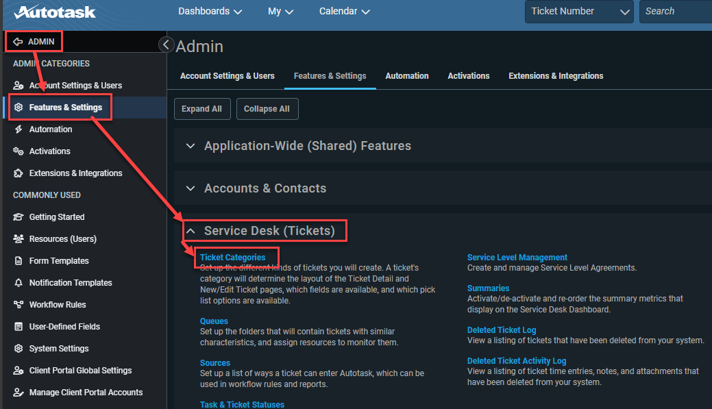 Autotask, Features and Settings : accès aux Ticket Categories