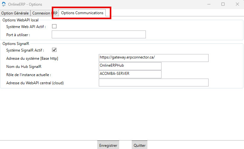 Agent OnlineERP : onglet « Options Communications », champ « Adresse du système (Base http) »