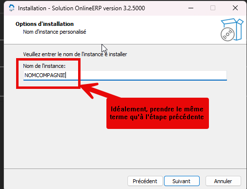 Assistant d'installation OnlineERP, écran Nom de l'instance : reprendre le nom du dossier