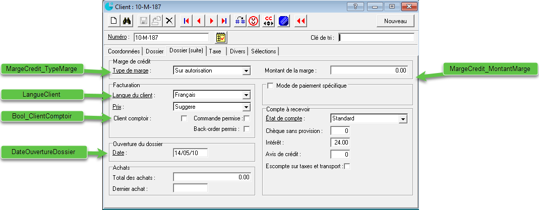 Écran Fiche client Acomba annoté — mapping des champs (3/5)