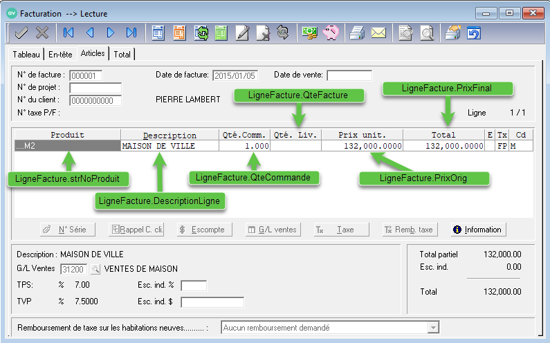 Écran Facture client Avantage annoté — mapping des champs (2/3)