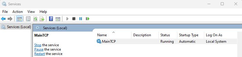 Console Services : le service MainTCP est Running, démarrage Automatic, compte Local System