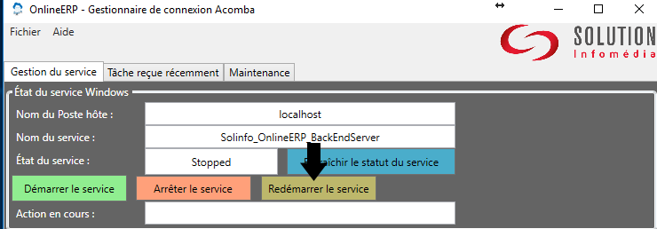 Gestionnaire de connexion OnlineERP, onglet Gestion du service : bouton Redémarrer le service