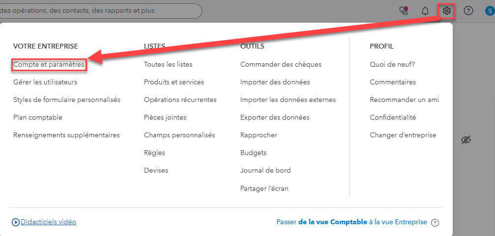 QuickBooks Online, menu des paramètres : Compte et paramètres