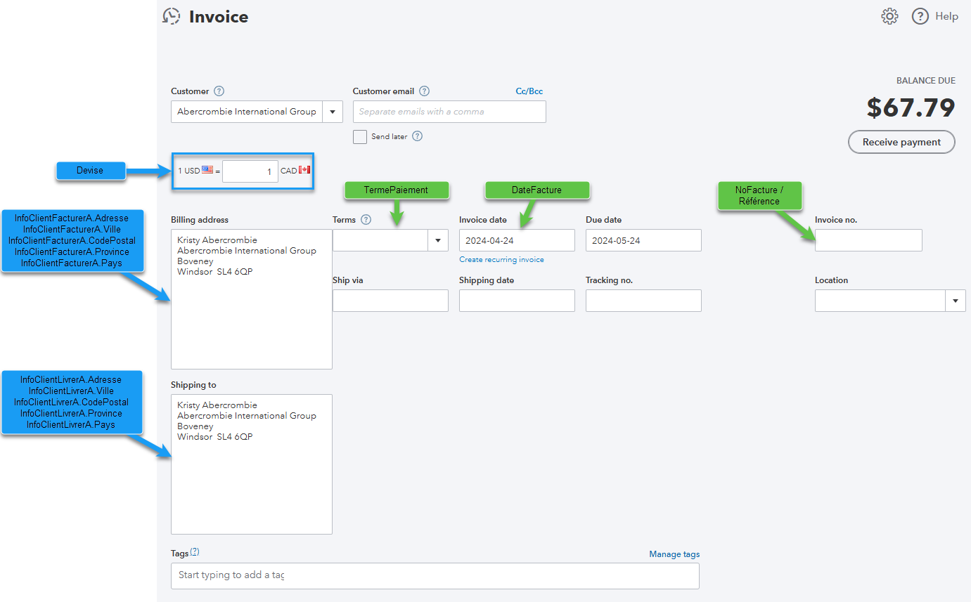 Écran Facture client QuickBooks Online annoté — mapping des champs (1/2)