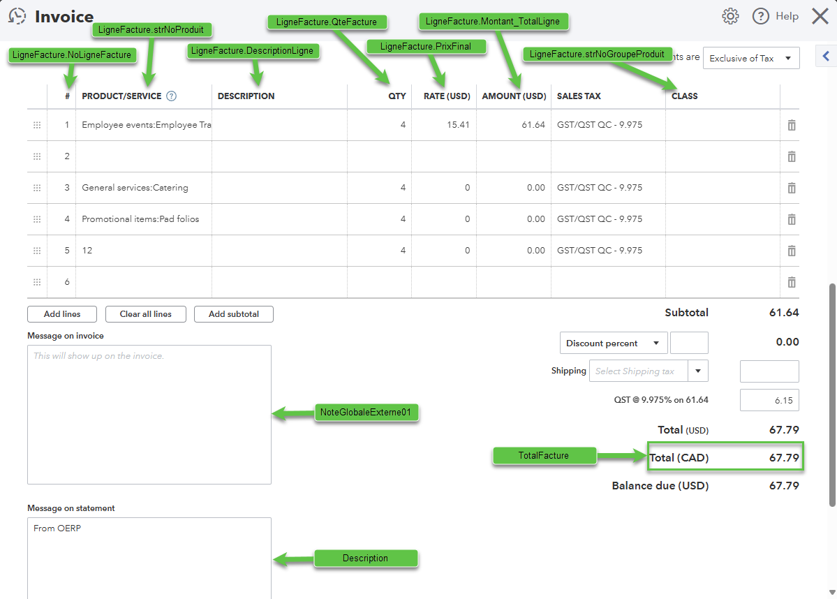 Écran Facture client QuickBooks Online annoté — mapping des champs (2/2)