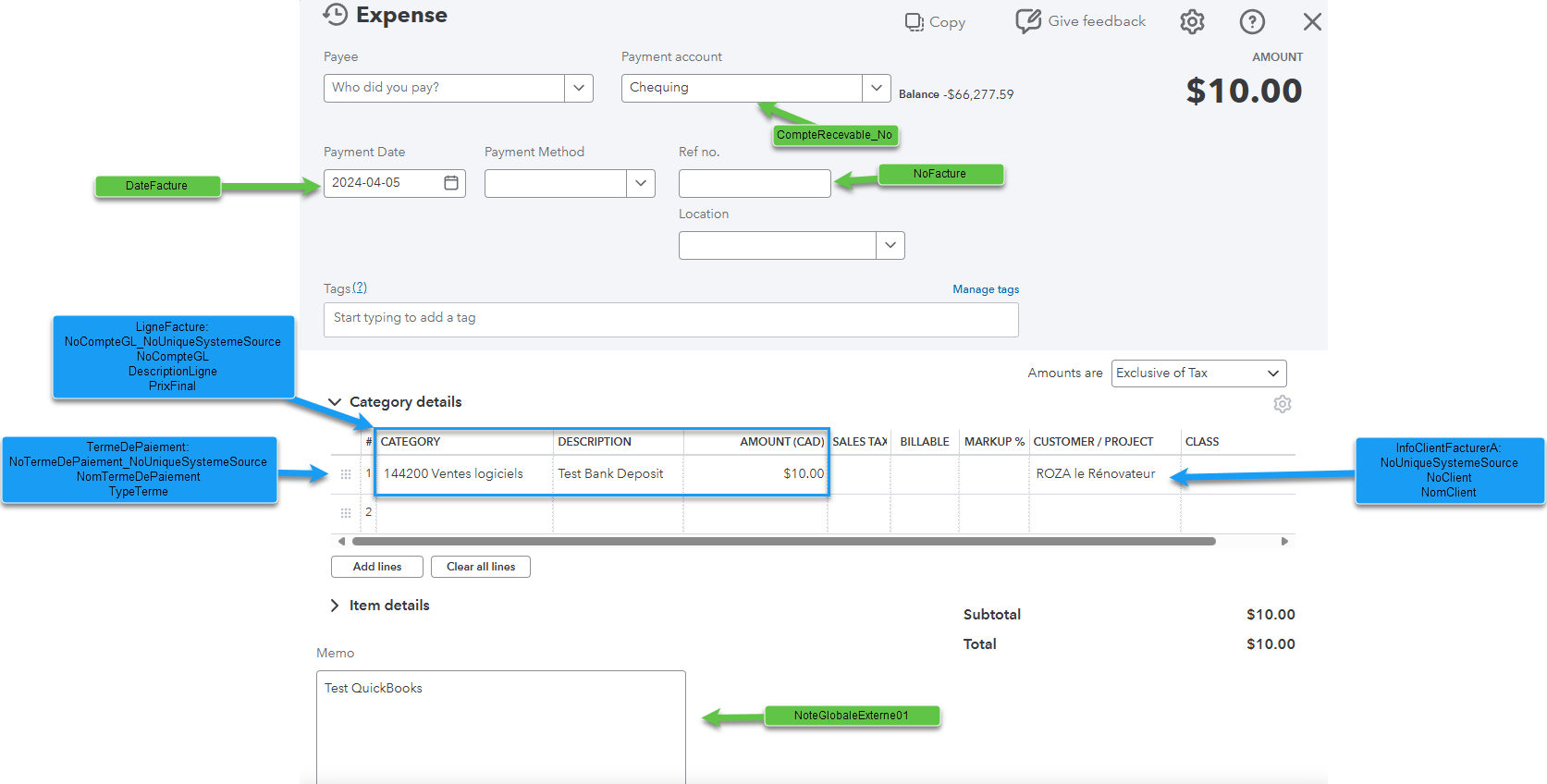 Écran Dépôt bancaire QuickBooks Online annoté — mapping des champs