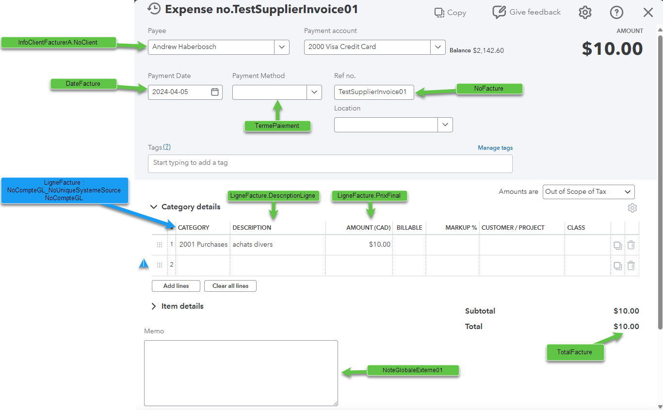 Écran Facture fournisseur QuickBooks Online annoté — mapping des champs