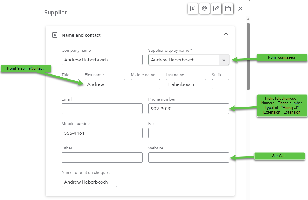 Écran Fiche fournisseur QuickBooks Online annoté — mapping des champs (1/2)