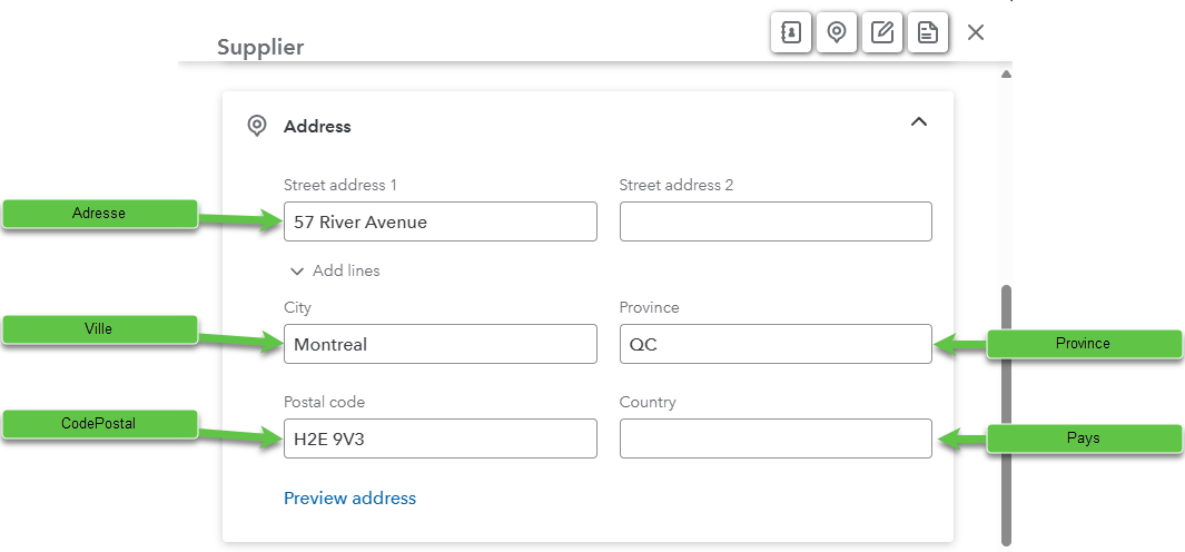Écran Fiche fournisseur QuickBooks Online annoté — mapping des champs (2/2)