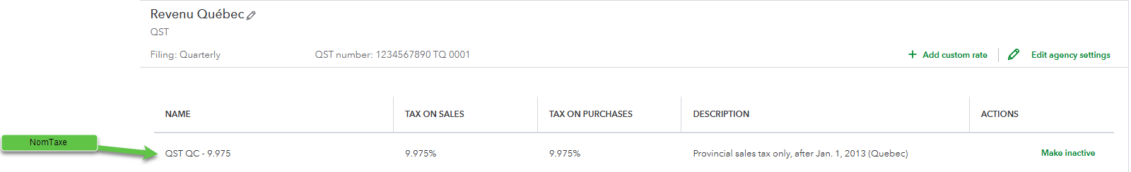 Écran Taxe QuickBooks Online annoté — mapping des champs