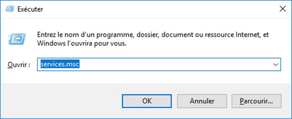 Boîte Exécuter avec services.msc