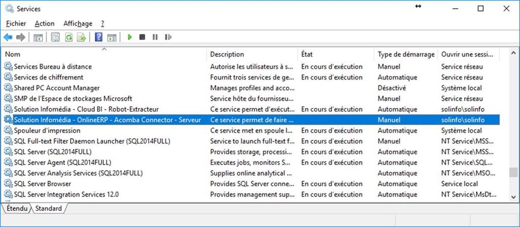 Console Services : service Solution Infomédia - OnlineERP - Acomba Connector - Serveur sélectionné