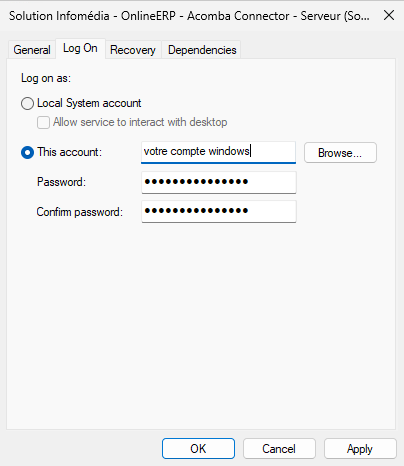 Propriétés du service de l'agent, onglet Log On : This account renseigné avec le compte Windows et son mot de passe