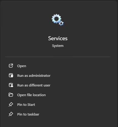Menu Démarrer de Windows : application Services