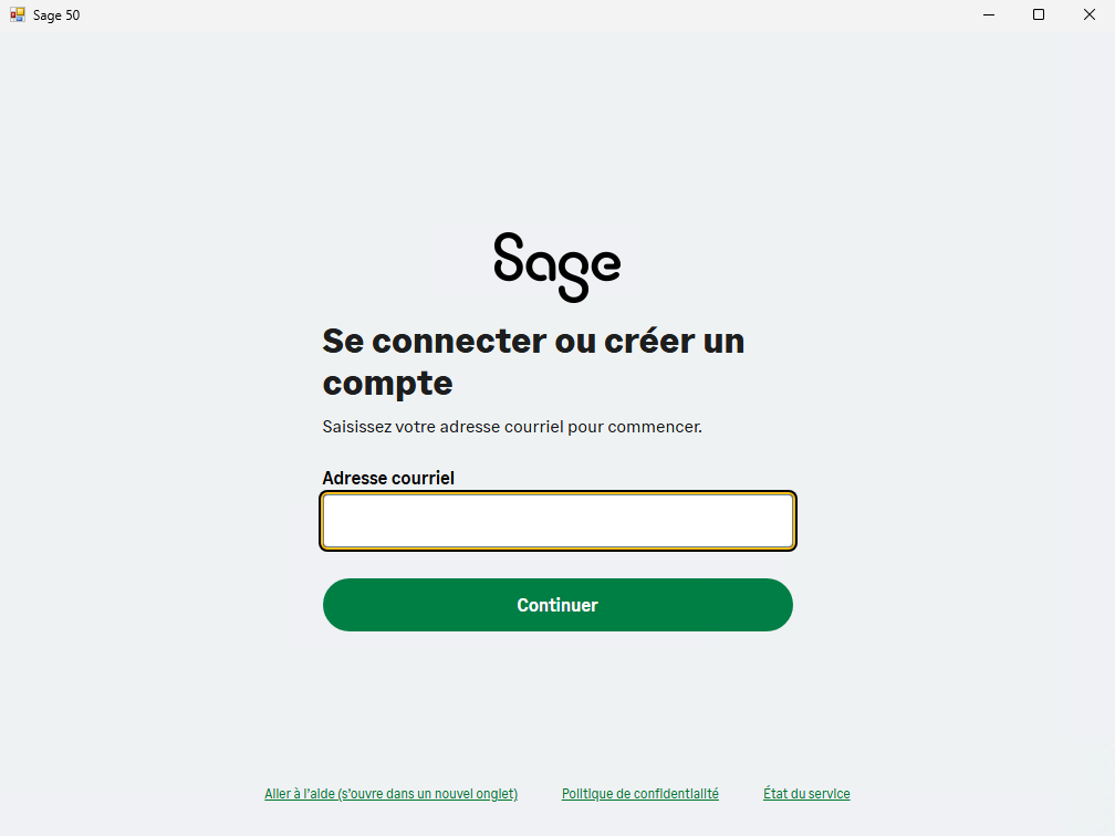 Sage 50, fenêtre Se connecter ou créer un compte : saisie du courriel du Sage ID