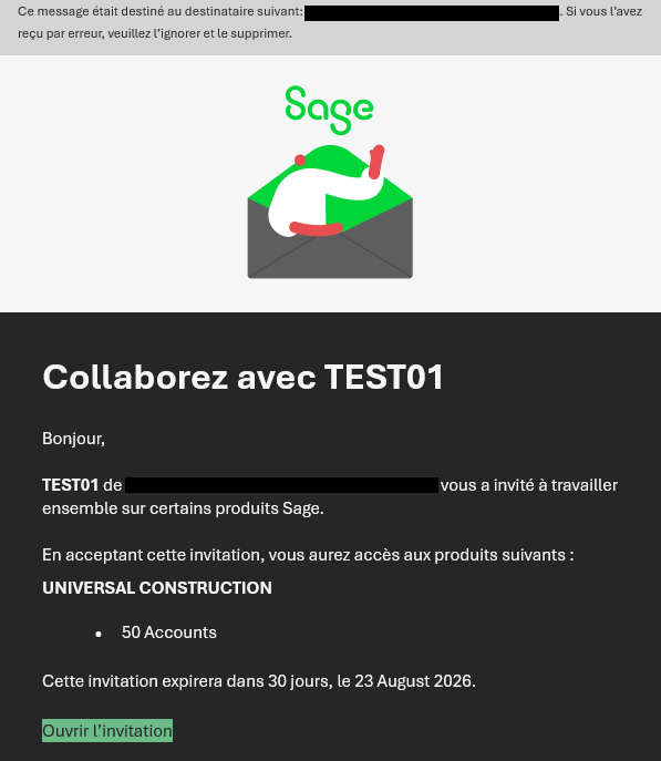 Courriel d'invitation Sage « Collaborez avec… » donnant accès à la société, avec le lien Ouvrir l'invitation