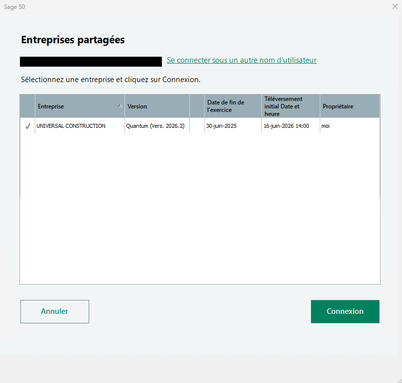 Sage 50, fenêtre Entreprises partagées : la société sélectionnée et le bouton Connexion