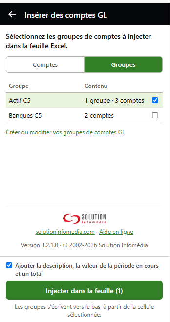 Onglet Groupes : les groupes du classeur avec leur contenu, le groupe Actif C5 coché, le lien Créer ou modifier vos groupes de comptes GL, et le bouton Injecter dans la feuille (1)
