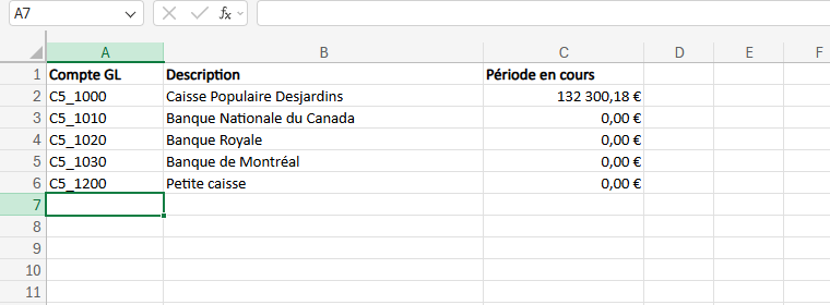 Feuille Excel après l'injection : une colonne de numéros de comptes, leur description et leur valeur de la période en cours