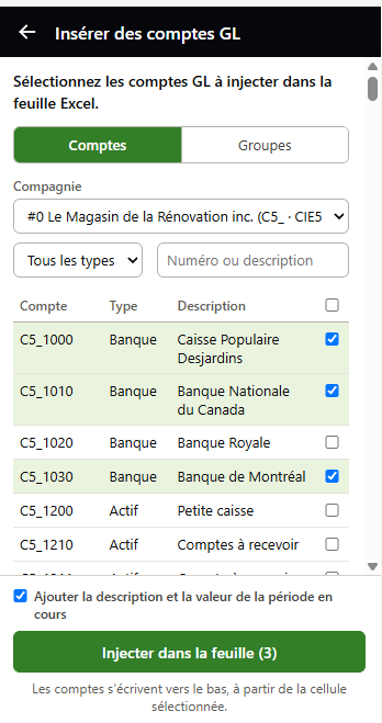 Volet Insérer des comptes GL : les onglets Comptes et Groupes, la compagnie, le type et la recherche, la liste des comptes avec trois cases cochées, la case des formules et le bouton Injecter dans la feuille (3)