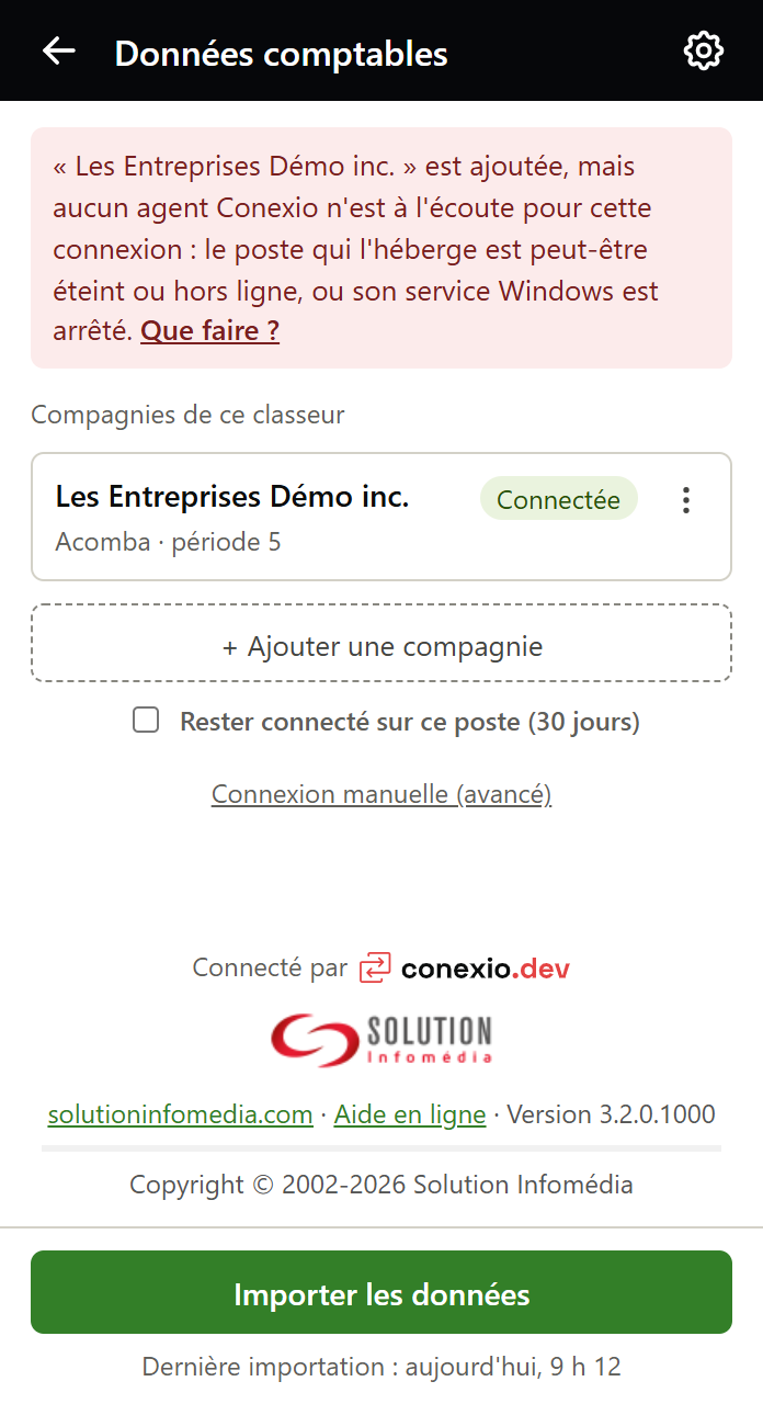 Volet Données comptables : le message indiquant que l'agent Conexio ne répond pas, avec le lien Que faire ?