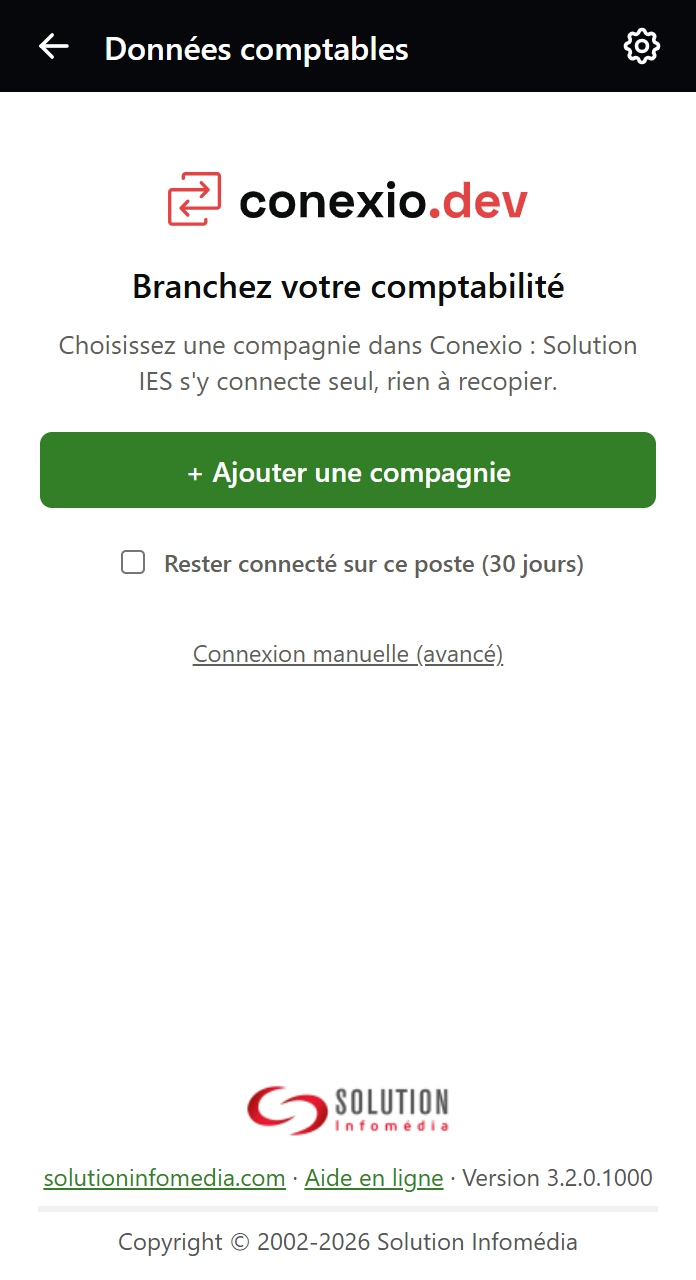 Volet Données comptables dans un classeur neuf : « Branchez votre comptabilité », le bouton + Ajouter une compagnie et la case Rester connecté sur ce poste