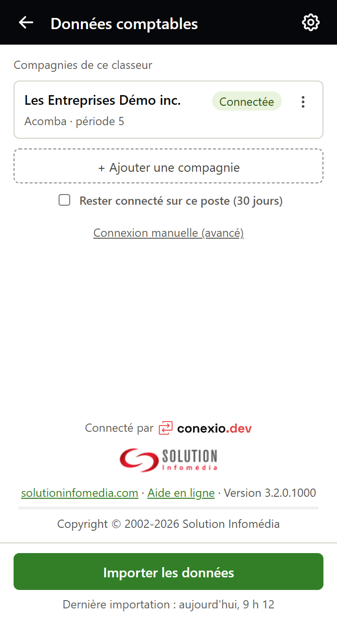 Volet Données comptables : une compagnie Connectée, le bouton Importer les données et la ligne Dernière importation