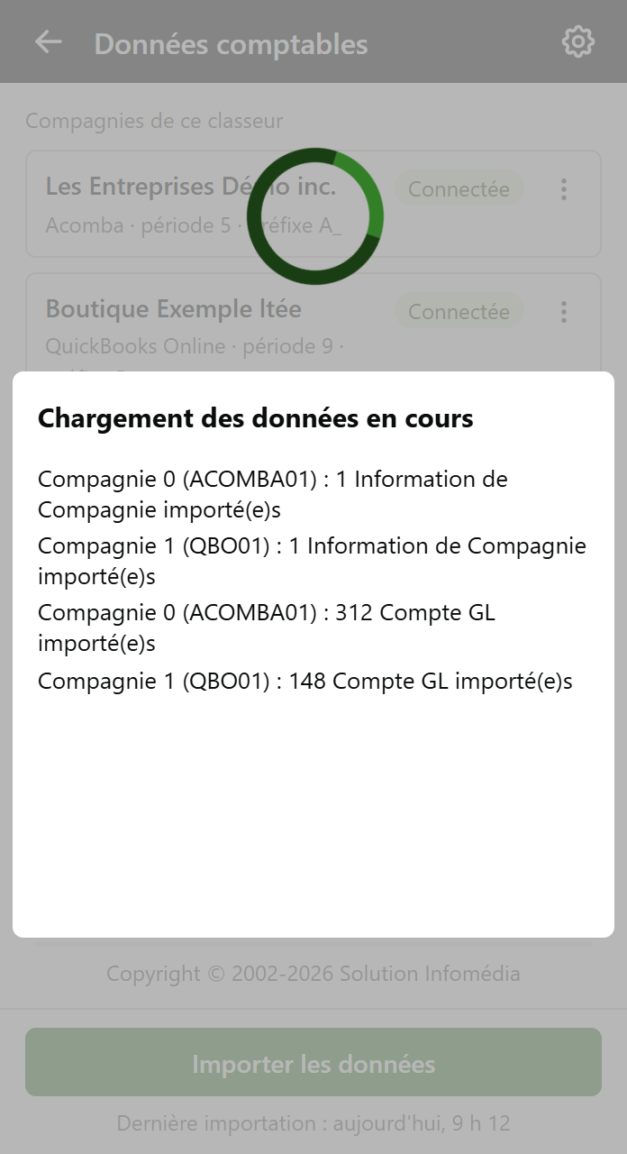 Volet Données comptables pendant l'importation : une ligne de progression par type de données