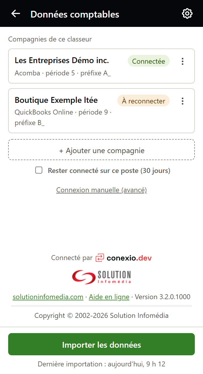Volet Données comptables : deux compagnies dans la liste, l'une Connectée, l'autre À reconnecter, avec leur logiciel, leur période et leur préfixe