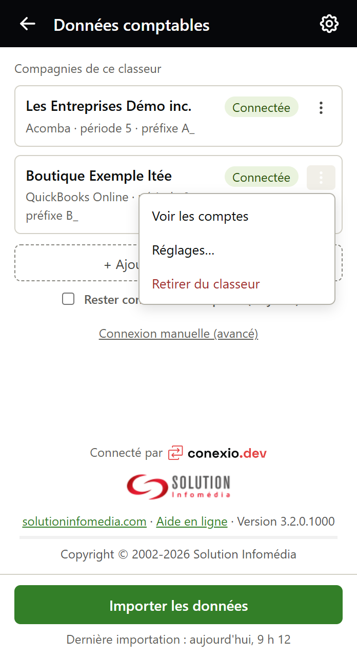 Le menu ⋮ d'une compagnie ouvert : Voir les comptes, Réglages… et Retirer du classeur