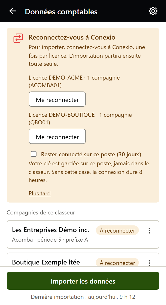 Bandeau Reconnectez-vous à Conexio : une ligne par licence avec le bouton Me reconnecter, et le lien Plus tard