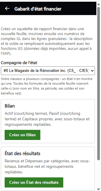 Volet Gabarit d'état financier : la liste Compagnie de l'état et son explication, puis les boutons Créer un Bilan et Créer un État des résultats