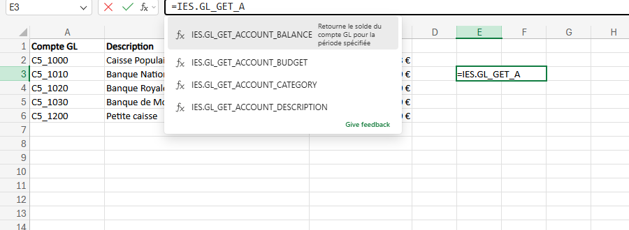 Saisie de =IES. dans une cellule Excel : la liste des fonctions IES proposées par l'autocomplétion