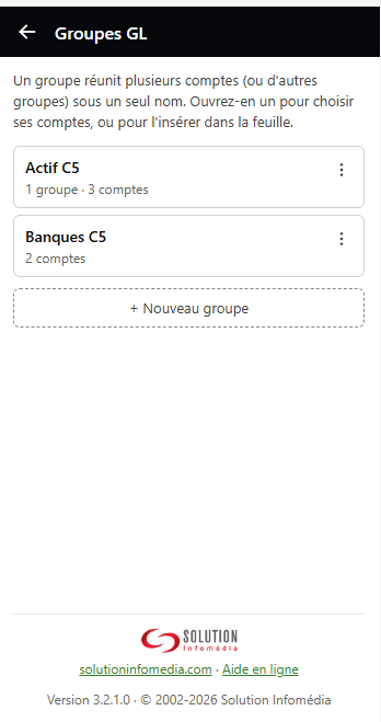 Volet Groupes GL : la liste des groupes du classeur, chacun avec son contenu (1 groupe · 3 comptes), son menu ⋮, et le bouton + Nouveau groupe