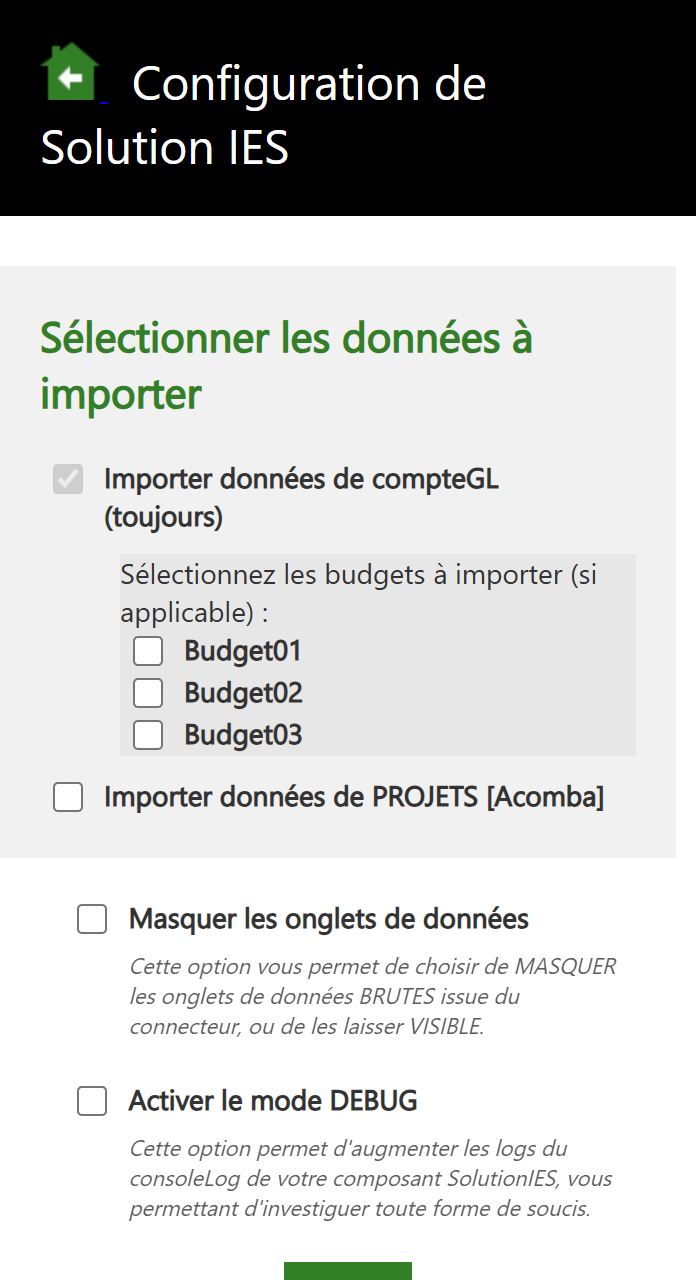 Volet Options : les cases de Sélectionner les données à importer, Masquer les onglets de données et Activer le mode DEBUG