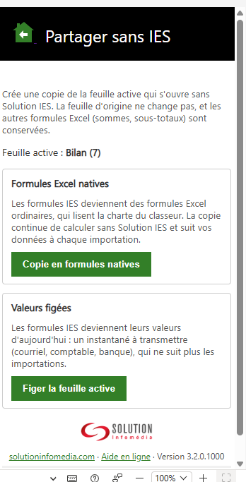 Volet Partager sans IES : la feuille active, puis les deux choix Formules Excel natives et Valeurs figées avec leur bouton