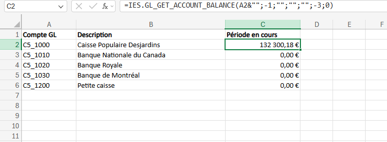 Feuille Excel : quelques comptes en colonne A, leur description et leur valeur calculées par des formules IES