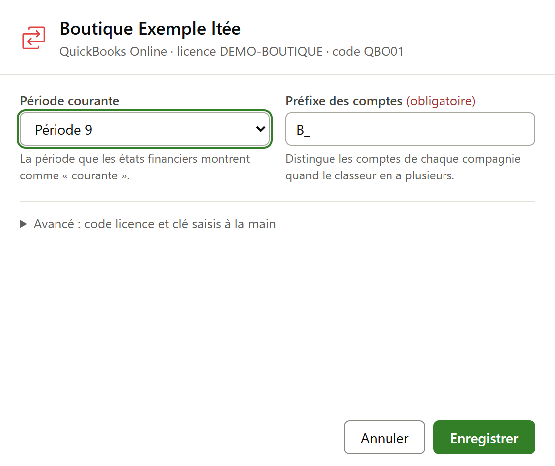 Fenêtre Réglages de la compagnie : Période courante, Préfixe des comptes et la section Avancé repliée