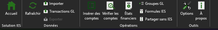 Ruban Excel, onglet Solution IES : les groupes Solution IES, Données, Opérations et Outils