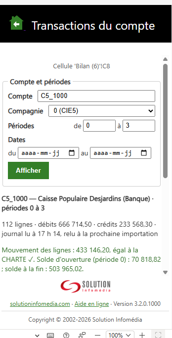 Volet Transactions du compte : le compte et ses périodes, les lignes d'écriture, et la ligne de contrôle « égal à la CHARTE ✓ »
