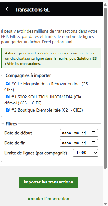 Volet Transactions GL : les compagnies à importer, les dates de début et de fin, la limite de lignes et le bouton Importer les transactions
