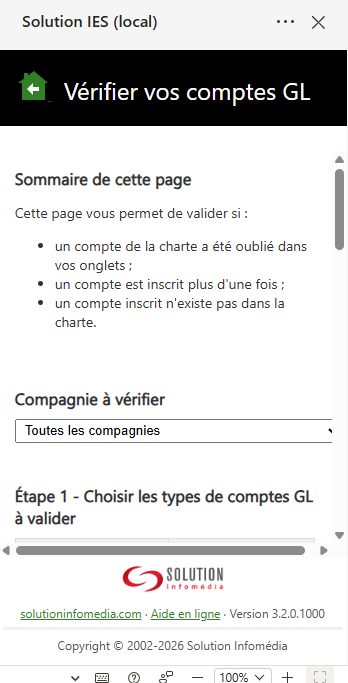 Volet Vérifier vos comptes GL : la compagnie à vérifier et les étapes 1 (types de comptes), 2 (onglets et colonne) et 3 (Lancer)